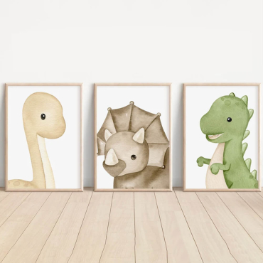 Cuadros Para Bebés - Dinosaurios en Acuarela - Set de 3