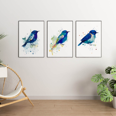 Cuadros de aves: Pájaros Azules en Acuarela - Set de 3
