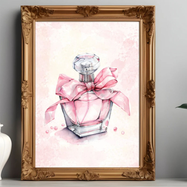 cuadros aesthetic perfume con lazo rosa