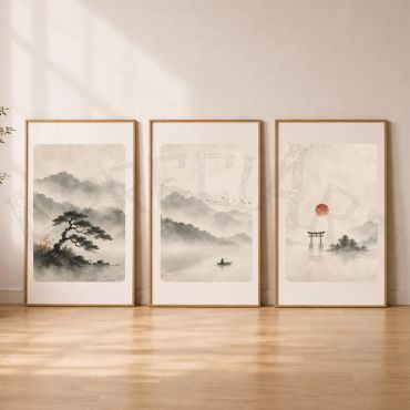 Cuadros Japoneses - Paisaje en Tinta - Set de 3