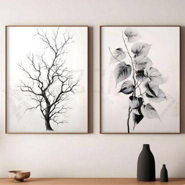 Cuadros para Sala - Árbol y Hojas en Blanco y Negro
