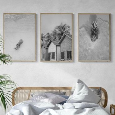 Cuadros Decorativos - Piñas y Cabaña de Playa - Set de 3