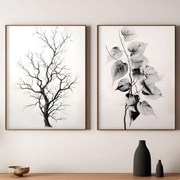 Cuadros para Sala - Árbol y Hojas en Blanco y Negro - Set de 2