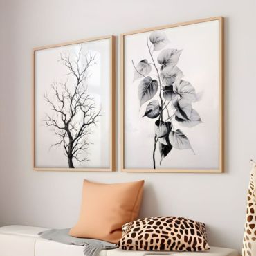 Cuadros para Sala - Árbol y Hojas en Blanco y Negro - Set de 2
