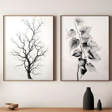 Cuadros para Sala - Árbol y Hojas en Blanco y Negro - Set de 2