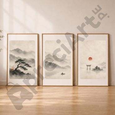 Cuadros Japoneses - Paisaje en Tinta - Set de 3