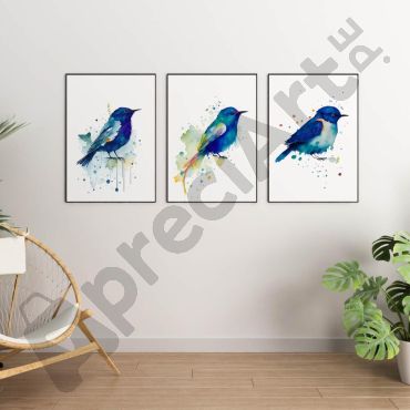Cuadros de aves: Pájaros Azules en Acuarela - Set de 3