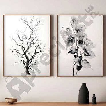 Cuadros para Sala - Árbol y Hojas en Blanco y Negro