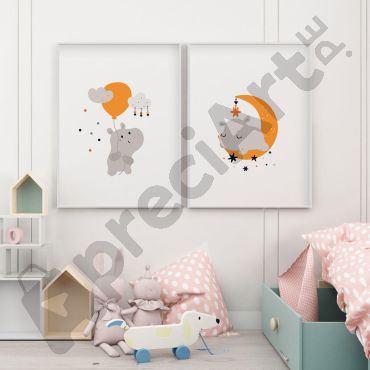 Cuadros Para Bebés - El Hipopotamo Soñador - Set de 2
