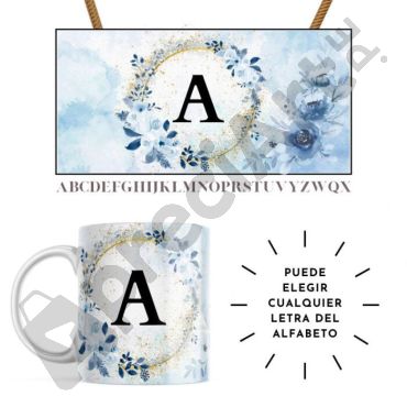 Tazas con Nombre - Letra con flores de Acuarela Azul