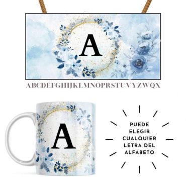 Tazas con Nombre - Letra con flores de Acuarela Azul