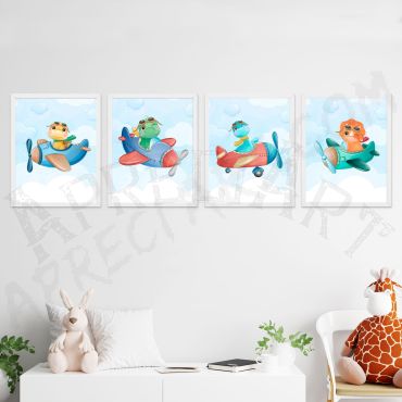 Cuadros para Bebés - Pequeños Dinos Aviadores - Set de 4